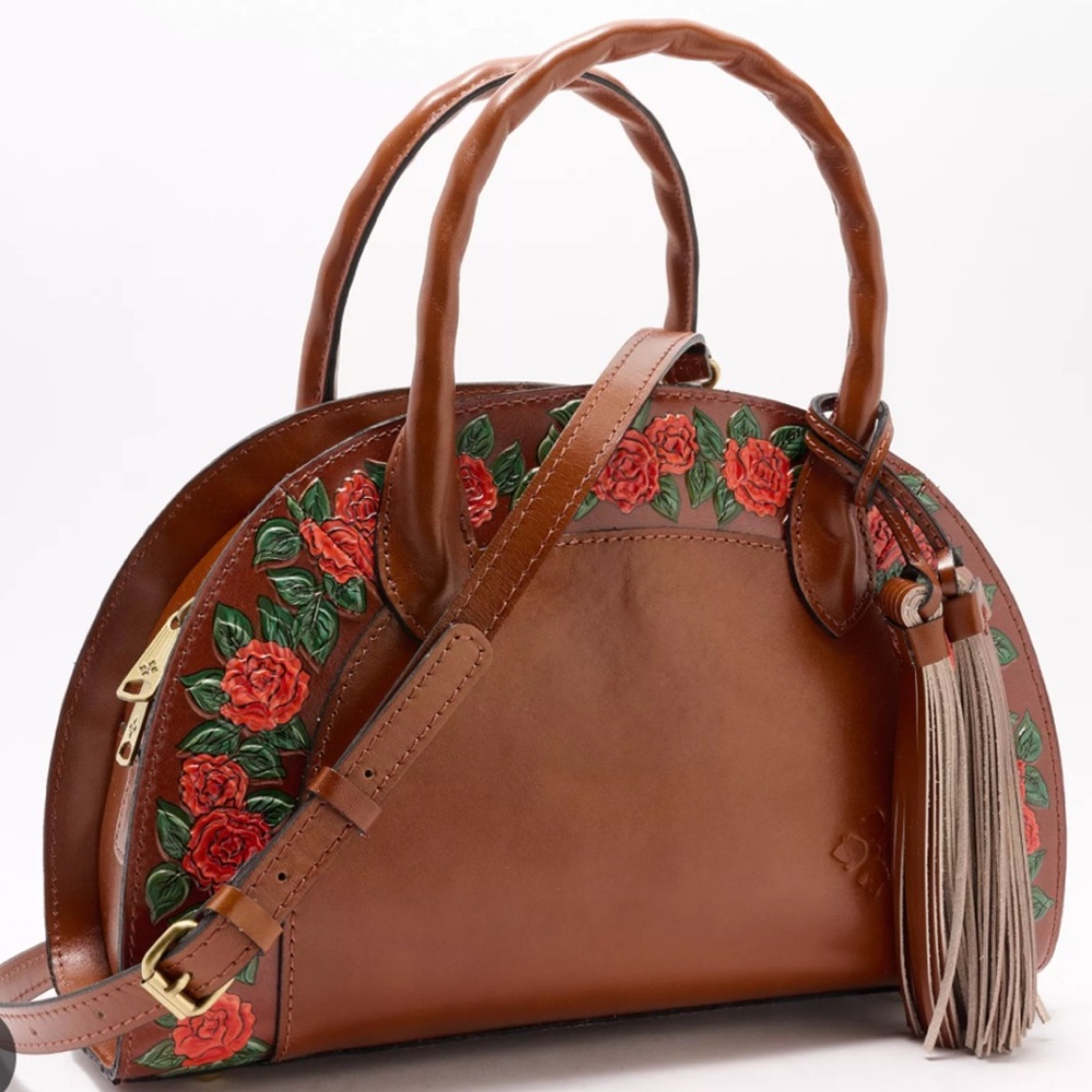 Patricia Nash Leather Angelini Top Handle Crossbody Tan with Tooled Floral